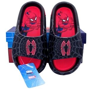 Spider-Man Slides Black Red Web Marvel Sandals Boys Kids Shoes Size 2